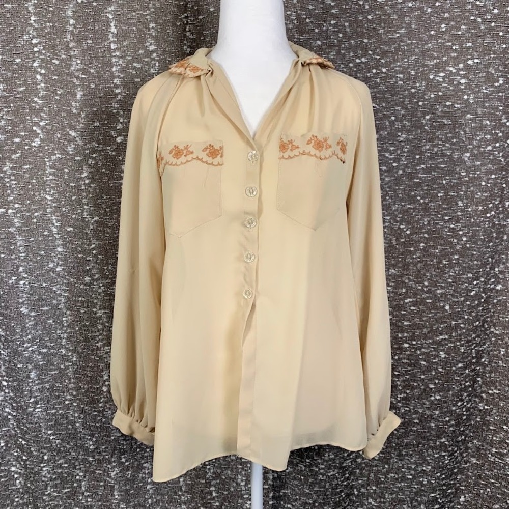 VTG 70s The Strawberry Plant Dorothy Schoelen Beige Floral Long Sleeve Blouse